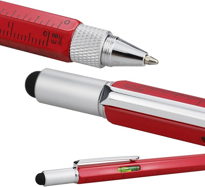 HeTaoCat Gifts Multi Tech Tool - 6 in 1 Stylus Pen with Screwdriver, Ruler, Level Gauge, Ballpoint Pen (Black Ink, Red)