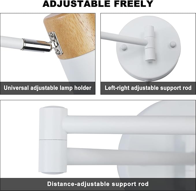 COSYLUX Modern Industrial Swing Arm Wall Lamp with Plug in Cord for Bedroom, Living Room, Office, Rotatable Lampshade Plug in Wall Sconces Light Fixture for Reading and Working, White (NO Bulb)