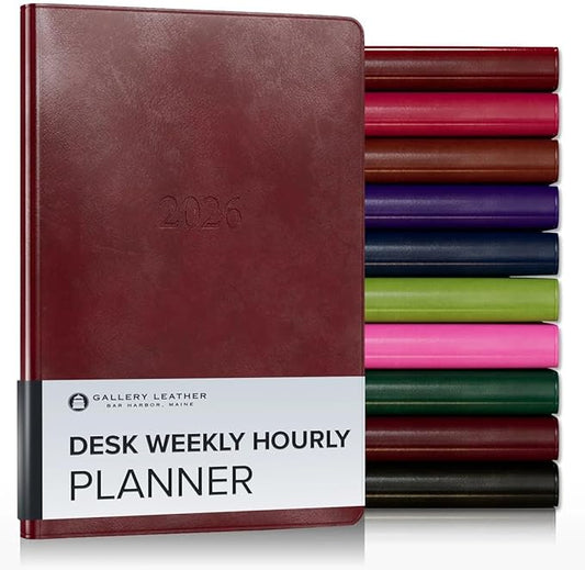 Gallery Leather Desk Hourly Weekly Monthly Planner 2025-2026, Elegantly Bound Calendar Planner and Notebook with Stylish Gold-Gilded Page Edges, 12 Months - Acadia Deep Red - 8 x 5.5 "
