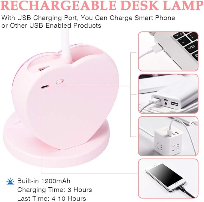 LED Desk Lamp, Cute Pink Desk Lamp with USB Charging Port/Pen Holder and Phone Stand, Touch Control Reading Lamp with 2 Color Modes,Eye-Caring Study Table Lamp for Kids Girls College Dorm Bedroom