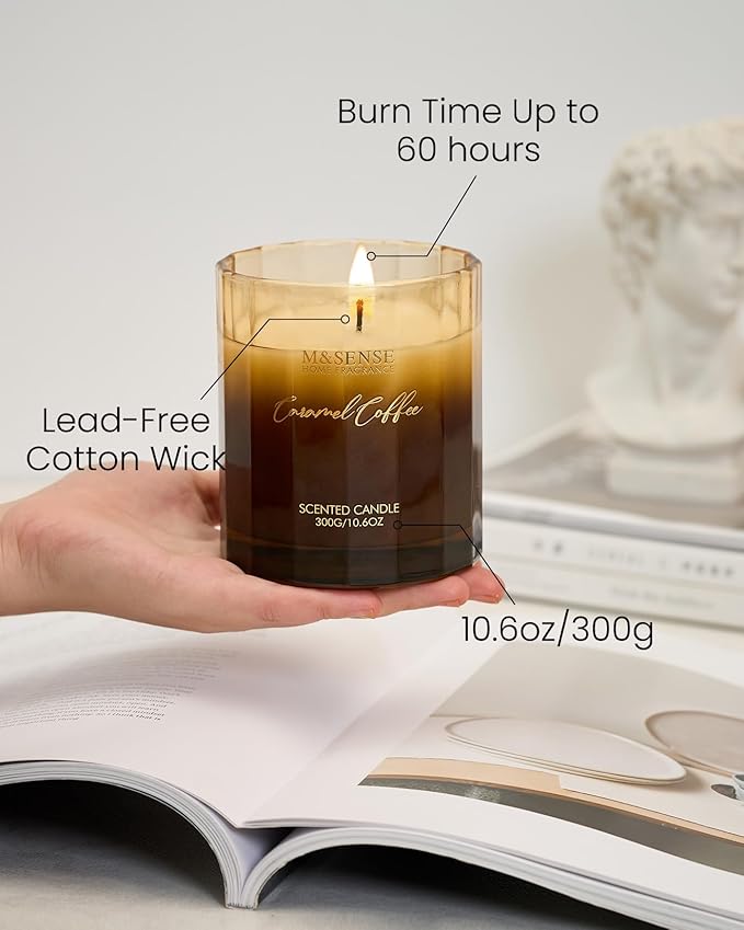 M&SENSE Caramel Coffee Candle for Home Scented, 10.6oz 60 Hours Burn Natural Soy Long Lasting Slow Burning Organic Aromatherapy Candle Housewarming Appreciation Gift for Women