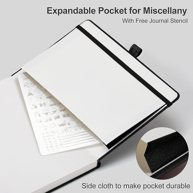 AHGXG Bullet Dotted Journal - Dot Grid Notebook Journal, 120 GSM Thick Acid-Free Paper, A5 Dotted Notebook 160 Pages, Leather Hardcover, Inner Pocket, Journal Stencil, 5.7'' × 8.3'' - Black