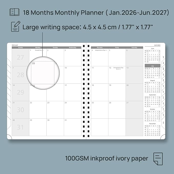 POPRUN Monthly Planner 2026-2027 (Large 8.5" x 10.5") 18 Months Calendar (Jan 2026 - Jun 2027) - 4 Pages per Month with Expense & Notes, Stair-like tabs, Leather Cover, Sunday Starts - Pink