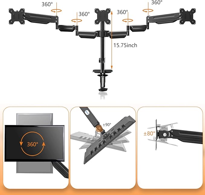 Pholiten Triple Monitor Desk Mount,Triple Gas Spring Monitor Arm for 17-32 inch LCD Computer Screens,Holds up to 22lb,Swivel, Tilt, Rotation, Clamp & Grommet Kit