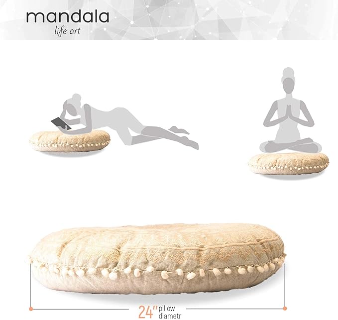 Mandala Life ART Bohemian Floor Cushion Cover –24 inches - Room Décor Decorative Round Pillow Case for Meditation, Yoga, and Boho Chic- Seating Area