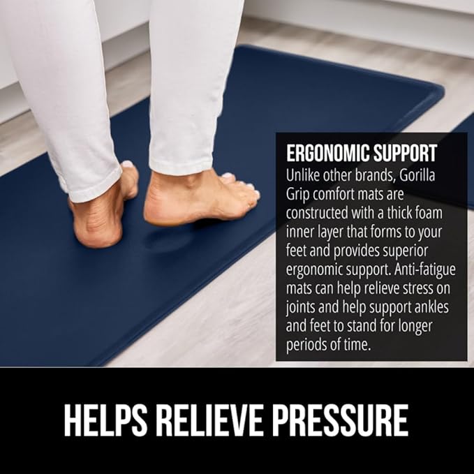 GORILLA GRIP 2 Pack Comfortable Cushioned Kitchen Mats for Floor, 17x29 + 17x59, Waterproof and Stain Resistant, 1/2 Inch Thick Soft Ergonomic Standing Desk Anti Fatigue Mat, Foam Supports Feet, Navy