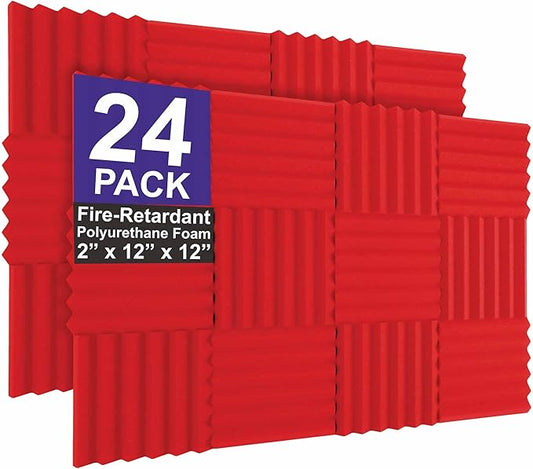 Foam Factory Inc 24 Pack Color Acoustic Foam Panel Studio Soundproofing Wedge Wall Tiles 12” X 12” X 2” (Red)