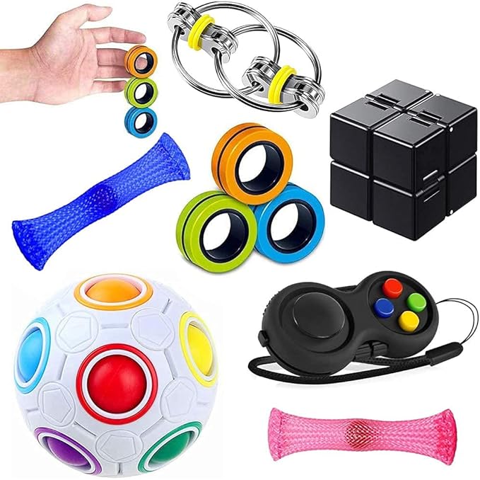 Sensory Fidget Toys Set 7 Pack. Stress Relief Relieve Anxiety Tools Bundle Figette Toys with Fidget Pad, Cube with Infinity, Magnetic Ring, Fidget Box Bulk Figit, Game for Kids Adults Kill Time