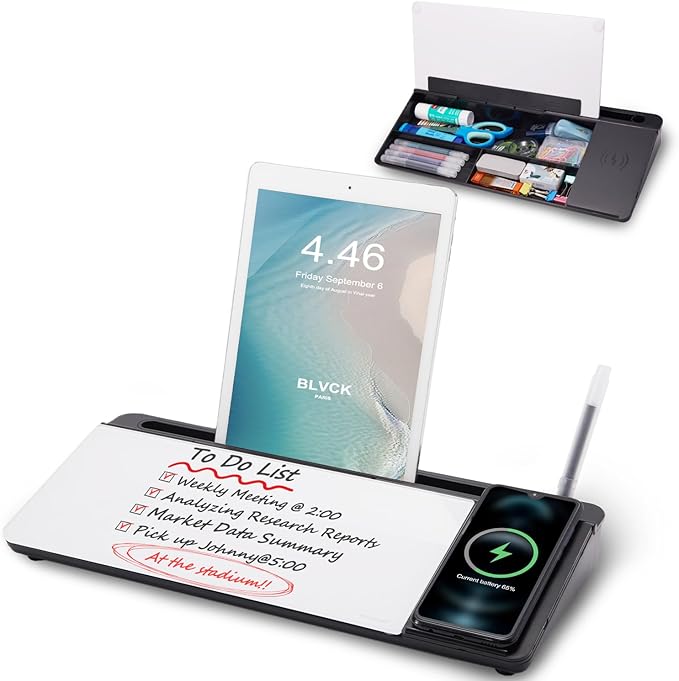 Small Glass Desktop Whiteboard Dry-Erase-Board - Computer Keyboard Stand with Wireless Charger White Board Surface Pad with Drawer, Desk Organizers with Accessories for Office, Home, School Supplies