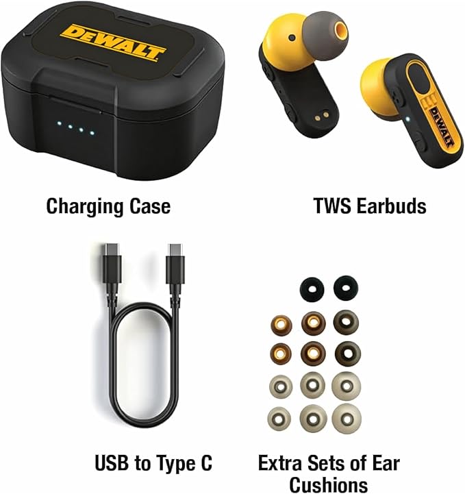 DEWALT Heavy Duty True Wireless Ear Buds, Bluetooth Headphones with Type C Charging Case Included, 37 Hours of Battery Life, Easy Setup for iPhone, Perfect for Jobsite, Outdoor Work - Black Edition