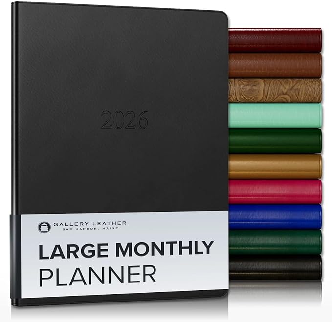 Gallery Leather Large Monthly Planner 2025-2026, Elegantly Bound Calendar Planner and Notebook with Stylish Gold-Gilded Page Edges, 18 Months - Freeport Black - 9.75x7.5"