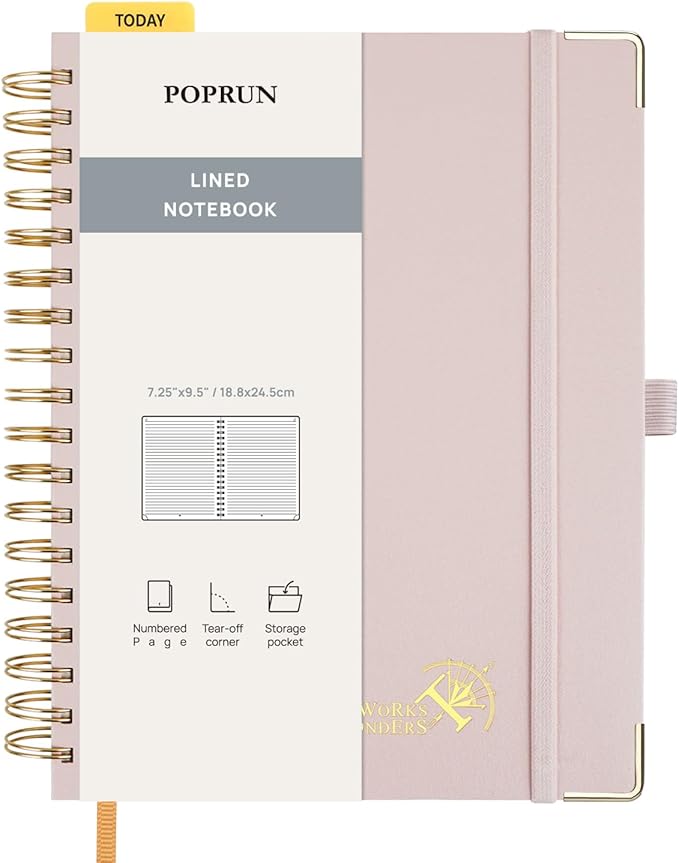 POPRUN Lined Spiral Journal Notebook for Women & Men, 7-1/4" x 9-1/2", 220 Numbered Pages, College Ruled Hardcover Notebook for Work, Journals for Writing, 120 GSM Thick Paper - Light Pink