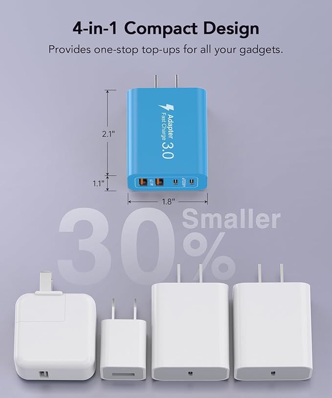 40W USB C Charger Block, 2-Pack 4-Port Type C Fast Charging Brick Dual PD&QC Wall Plug Adapter Power Brick for iPhone 16/15/14/13/12/Pro Max Plus/iPad/Airpods/iwatch/Samsung Galaxy (Light Blue)