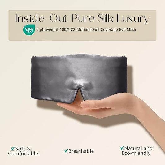 ZIMASILK 100% 22 Momme Mulberry Silk Sleep Mask - Full Silk Filled, Ultra-Soft & Breathable, Face-Hugging Blackout Eye Cover for Sleeping (Blackish Grey)