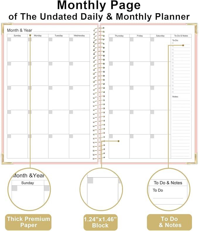 Undated Daily Monthly Planner for 2025 2026 - A5 To Do List with Hourly Schedule, Hardcover Spiral Bound Daily Planner to Increase Focus, Stylish School/Office Supplies, 5.8" x 8.5", Pink