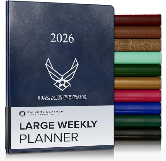 Gallery Leather Large Weekly Monthly Planner 2025-2026, Elegantly Bound Calendar Planner and Notebook with Stylish Gold-Gilded Page Edges, 12 Months - Acadia Navy - US Air Force - 9.75 x 7.5 "