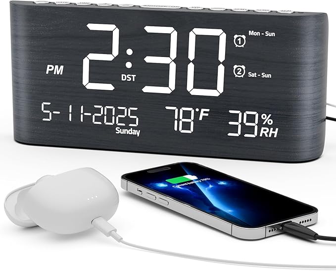 Mesqool Digital Alarm Clock, with Calendar Temperature and Humidity, Loud Volume, Dual Alarm, USB and Type-C Charging Ports, Dimmer, 12/24H, Snooze, Stylish Wood Grain Pattern Digital Clock for Décor