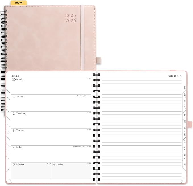POPRUN Planner 2025-2026 Weekly Planner Notebook (Large 8.5''x 10.5'') Academic Calendar (JUL.25 - JUN.26) Appointment Book with Monthly Tabs, Spiral Soft Cover, Inner Pocket, 100 GSM - Pink