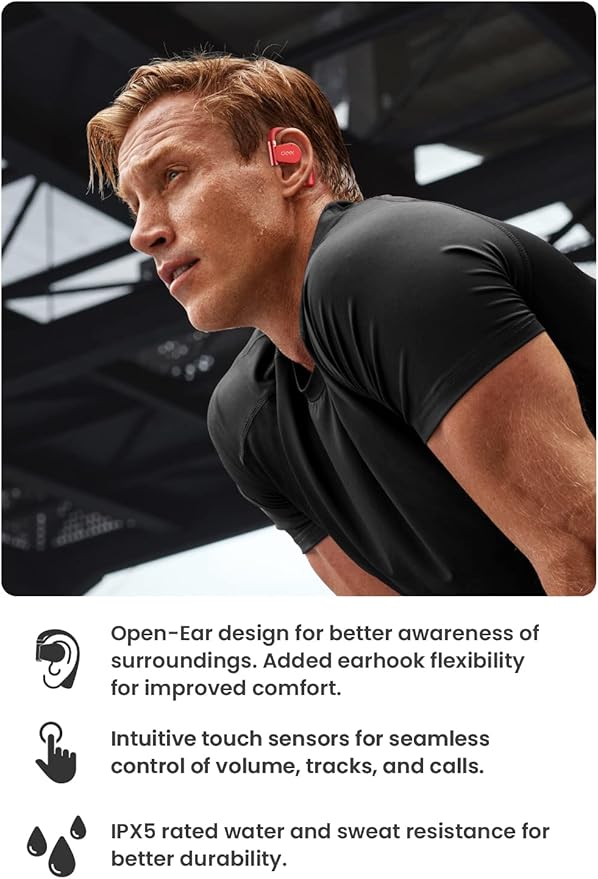 Cleer ARC II Sport Open Ear Headphones, True Wireless Ear Buds with Dual Mic, Sweat Resistant, Multi-Point Connect, 35 Hrs Playtime, Secure Fit, Bluetooth 5.3 Earbuds with Ear Hooks, Preset EQs, Red