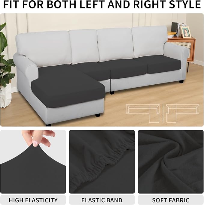Easy-Going 100% Waterproof 4 Pieces Couch Cushion Covers for Sectional Sofa Left/Right L Shape Chaise Lounge Sofa Seat slipcover Anti-Slip Sofa Cover (3 Seater + 1 Chaise, Dark Gray