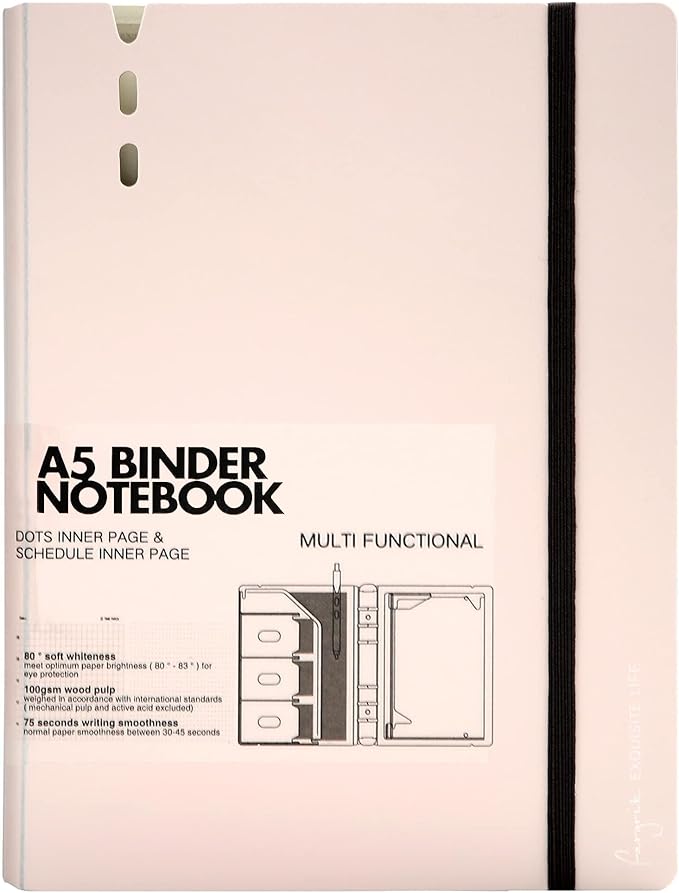 CAGIE A5 Binder 6 Ring Notebook with Dividers Refillable Planner Binder with Pockets, Refill Paper Include Planning Square Ruled and Dotted Pages, 6.89 x 9.25 In, (Pink, A5 Daily&Dot Page)