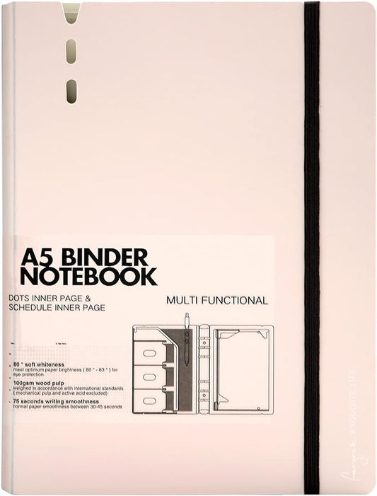 CAGIE A5 Binder 6 Ring Notebook with Dividers Refillable Planner Binder with Pockets, Refill Paper Include Planning Square Ruled and Dotted Pages, 6.89 x 9.25 In, (Pink, A5 Daily&Dot Page)