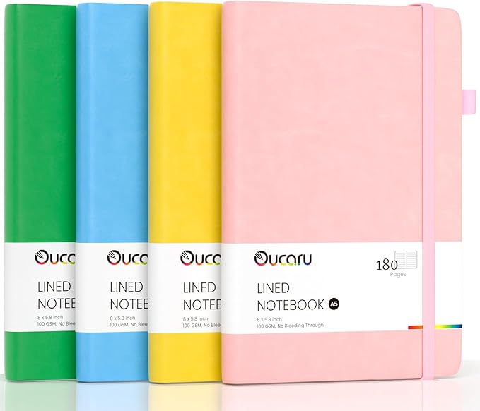 Oucaru Lined Journal Notebook, 4 Pack, 180 Pages, A5 Journals for Writing, 100 GSM Thick Paper, Small Notebooks Daily Journal for Women Men Work, Business, School, Travel Supplies