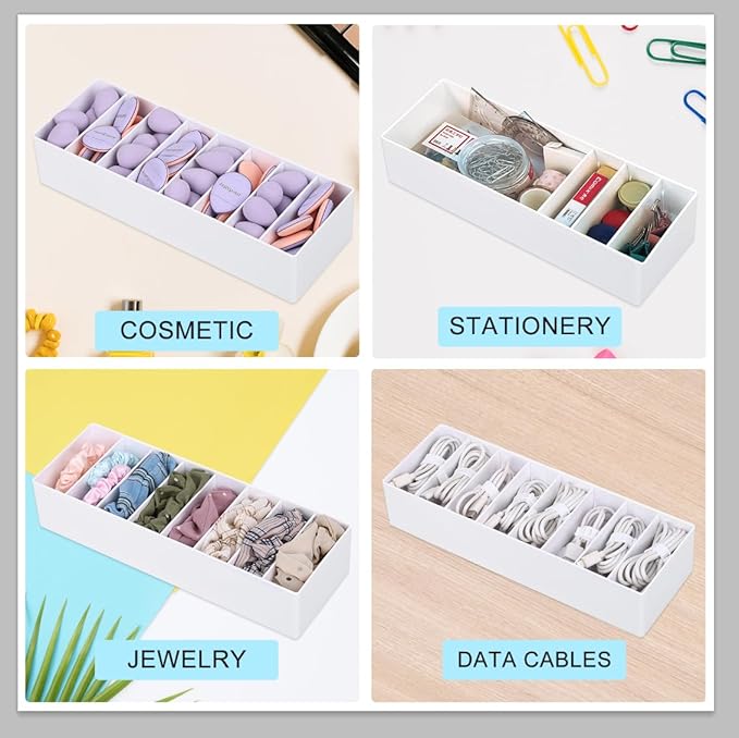 2 Pcs Cable Organizer Box with Wire Ties, Plastic Cord Charger Storage Box with 8 Compartments, Electronics and Home Office Desk Drawer Stationery Organizer, Stackable, White