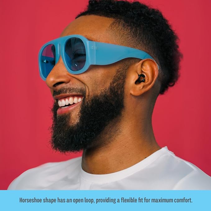 Hush Hoops Ear Plugs, Reusable Soft Silicone Plugs with Horseshoe Shape for Comfort, Designed for Sleep and Loud Noises, 17dB (NRR) Noise Reduction Rating, Black, 1 Pair with Portable Travel Case