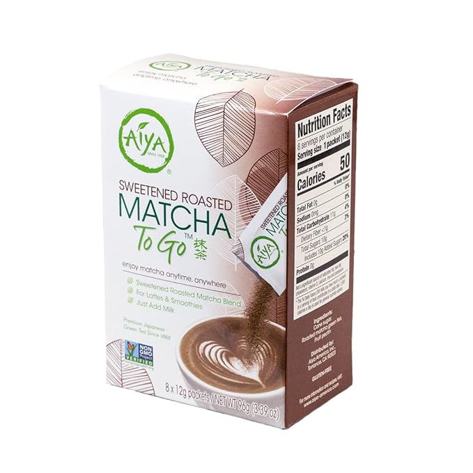 Aiya Japanese Sweetened Roasted Matcha To Go Sticks - Hojicha- Packets of Roasted Japanese Matcha Green Tea, Gluten-Free - For Lattes & Smoothies - 8 Single-Serving Sticks