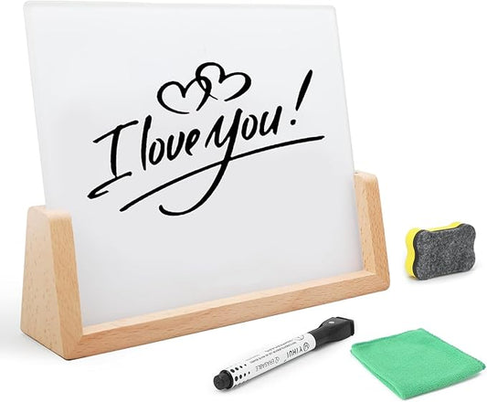Desktop Glass Whiteboard with Wood Base, Small Whiteboard Glass Dry Erase Board Mini Whiteboard Portable Desk Whiteboard for Home, Office, 6.9x5.86 inch. Accessories Included