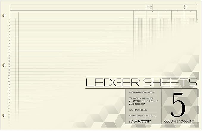 BookFactory Ledger Sheets/Large 5 Column Accounting Ledger Columnar (Five Columns) Loose Leaf Paper - 17'' x 11'', 50 Pages, Loose Leaf, 3 Hole Punched (SHEET-050-CLCLL(17x11-Ledger-5)-AX)