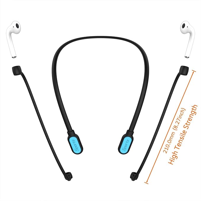 Compatible Airpods Strap, Silicone Anti-Lost Strap Connector Sports Neckband Compatible for Airpods Pro 3/2/1, Air Pod 4, 3, 2, 1, Black with Light Blue