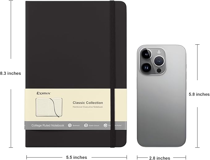 Comix 6 Pack Lined Journal Notebooks for Work, 240 Pages, 5.5"x8.3", Black, Hardcover, A5 Medium College Ruled, Journaling Notebooks for Notes-taking, Fits for Office School Home