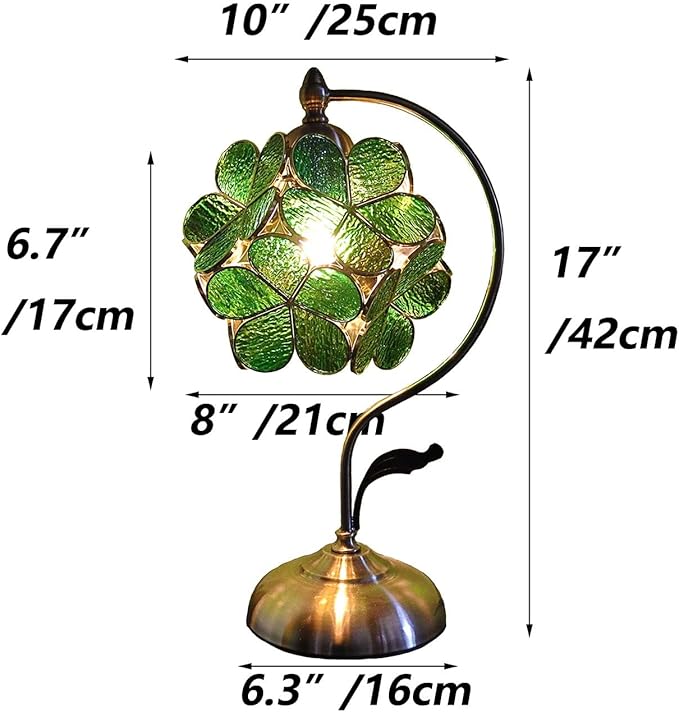 Bieye L10875 Tiffany Style Stained Glass Flower Petal Table Lamp with Brass Base for Home Décor (Green, 8" Cherry Blossom)