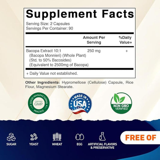 Vitamatic Bacopa Monnieri 2500 mg Equivalent Per Serving (from 10:1 Extract 250 mg) Nootropic Herbal Supplement - 50% Bacosides, Non-GMO & Gluten Free - 180 Vegetable Capsules
