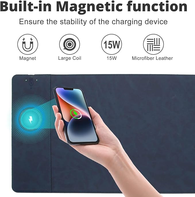 Magnetic 15W Fast Wireless Charging Desk Pad, 35.4"x16.8" Extra Large Mouse Pad, Microfiber Leather Office Desk Mat, Waterproof and Scratch-Resistant Mouse Mat for Office and Home Use,Blue