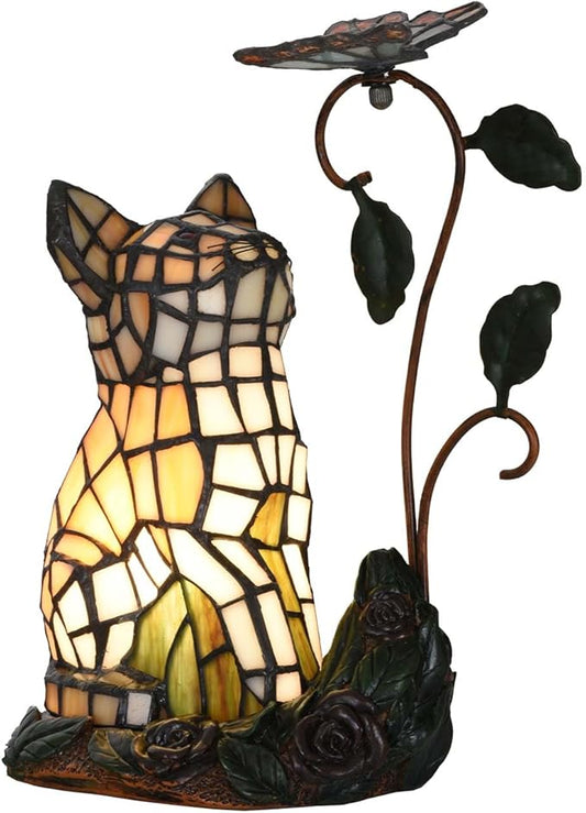 Bieye L10891 Tiffany-Style Stained Glass Cat Accent Table Lamp - Adorable Orange Cat Watching a Butterfly - 10-Inch Tall