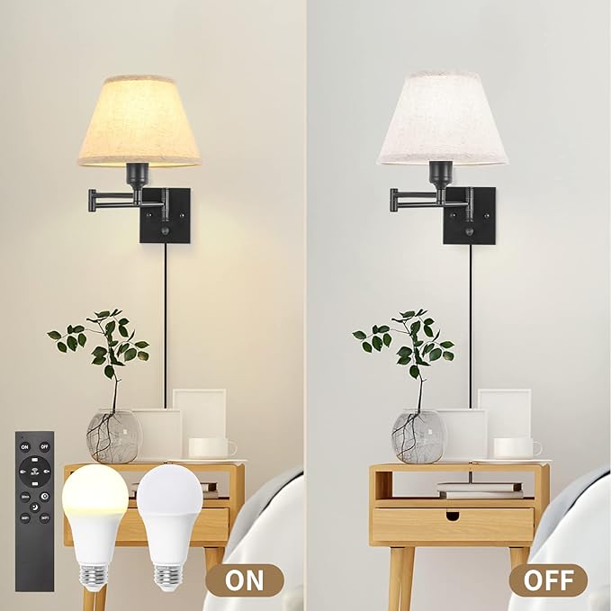 TRLIFE Wall Sconce with Remote Control, Dimming 10%-100% and Adjustable Color Temperature 2700K-6500K Swing Arm Wall Lights with Plug in Cord, 9.4" Medium Beige Fabric Shade(2 Pack, 2 Bulbs Included)