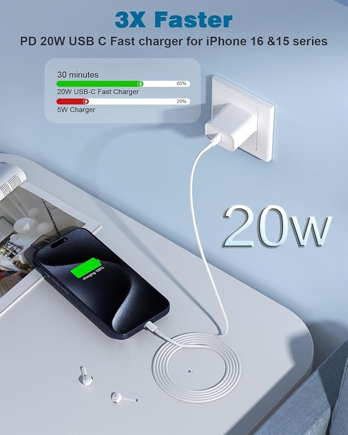 10FT Apple iPhone 17 16 Charger,2Pack Extra Long 10Foot Type C Cable Cord 20W USBC Charger Travel Plug Super Quick Charging for iPhone 17 Air/17 Pro/17 Pro Max/16e/16 Pro/16 Pro Max/15/15 Pro Max/iPad