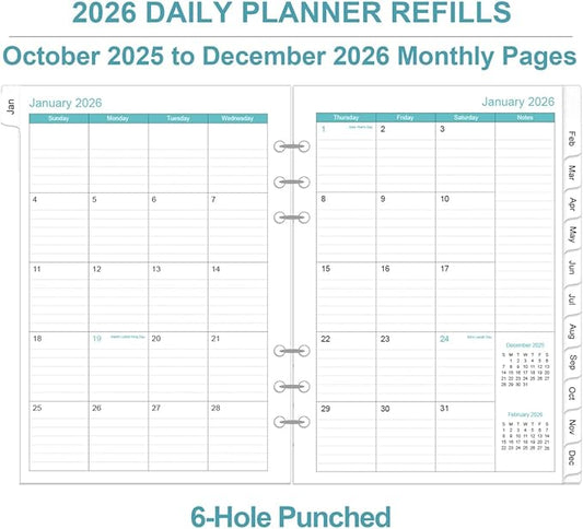 2026 Planner Refills for A5 Binder - One Page Per Day Daily ＆ Monthly Planner, January 2026-December 2026, Prioritized, To-Do List, Notes, Appointment Schedule, 6-Hole Punched, 5.8" x 8.3"