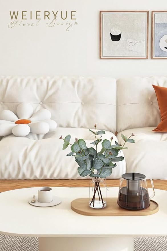 Artificial Eucalyptus Stems in Glass Vase with Faux Water,Artificial Plants Eucalyptus Leaves for Shelf Desk Bathroom Farmhouse Room Coffee Table Home Decor, Central Decoration.