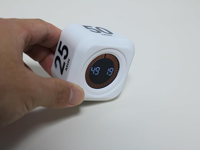 Rotating Cube Visual Timer 5, 25, 10, 50 Min Preset + Custom Countdown, Rechargeable Desk Productivity Flip Timer w/Silicone Case, Silent Mode, Ideal for ADHD Tool Study Work School (White)