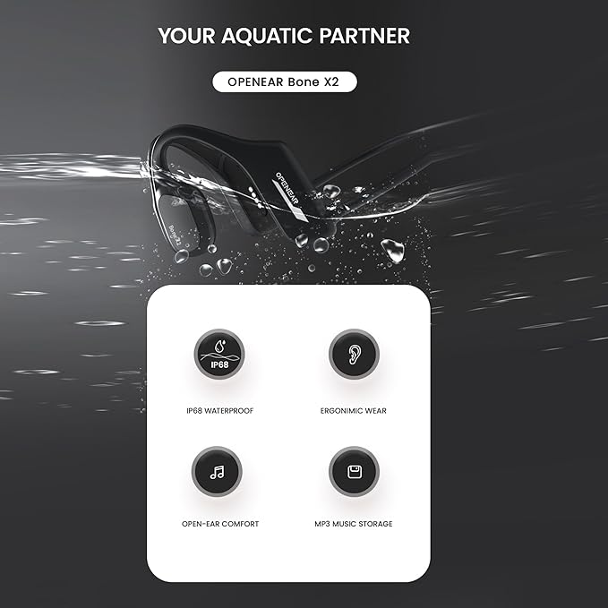 Bone Conduction Headphones IP68 Swimming Waterproof Dustproof Sweatproof MP3 Player Headset Underwater Music Player 8GB 1000 Songs, Open-Ear Wireless Earphones Bluetooth 5.3 with Mic - Black