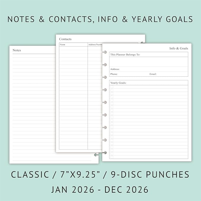 2026 Weekly Planner Refills for Happy Planner Classic Notebook - 9 Discs Punched, Two Pages Per Week, Jan 2026 to Dec 2026, 7" x 9-1/4"