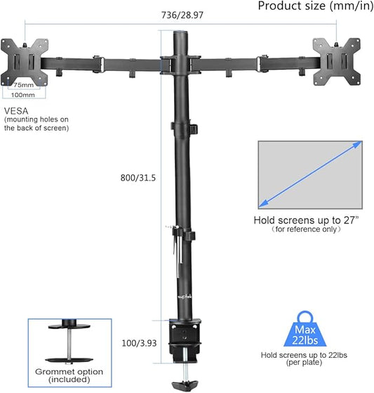 Suptek Dual Monitor Desk Mount, Adjustable Dual Monitor Arm for 2 Computer Screens up to 27 inch, Extra Tall 31.5" Pole Dual Monitor Stand for Desk, Holds up to 22 lbs(MD6842)