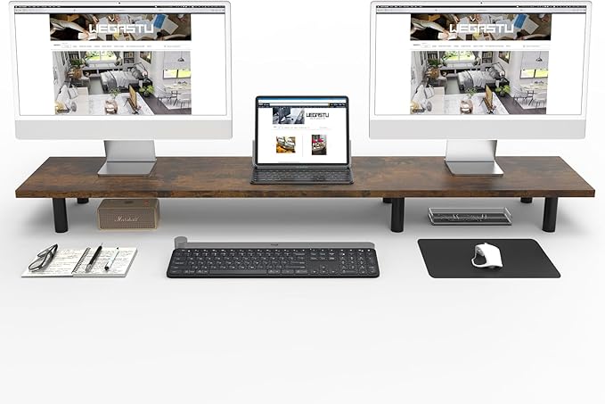 Large Dual Monitor Stand Riser 43.3IN，Vintage Home Office Storage For Desk Accessories，Solid Wod Desk With Adjustable Legs For computer/PC/Laptop/Printer/Container/dressing table