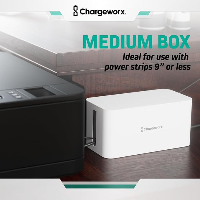 ChargeWorx Cable-Management Box Set, Cord Organizer, Cable Box to Hide Surge Protectors and Power Strips, Desk and Floor Cord Management, Home Office and TV Wire Concealer, White