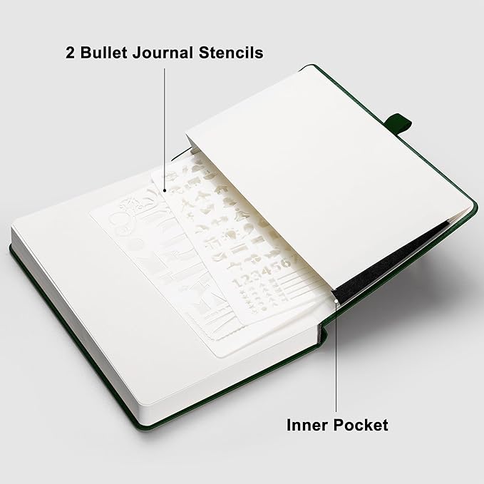 RETTACY Bullet Dotted Journal Notebook, 320 Numbered Pages, A5 Medium Size (5.7'' × 8.3''), Leather Hardcover, 100 GSM Thick Paper, for Bullet Journaling, Planning, Tracking (Dark Green)