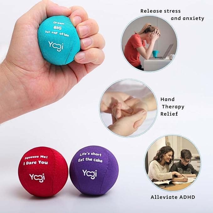 Yogi Stress Ball with Finger Grip Strap – Squeeze Ball for Anxiety Relief & Hand Therapy – Grip Strength Trainer for Adults & Kids, Fidget Toy for Stress Relief, Squishy Sensory Ball